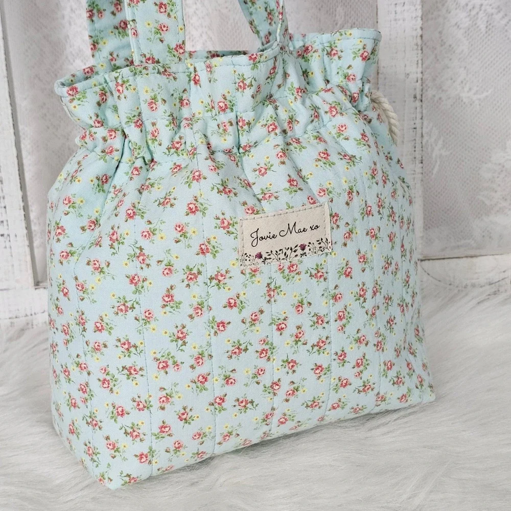 Jovie Mae XO Blush Garden Floral Drawstring Tote Bag Cottagecore Handmade